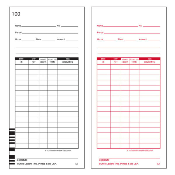 A pack of 100 Lathem numbered two-sided time cards.