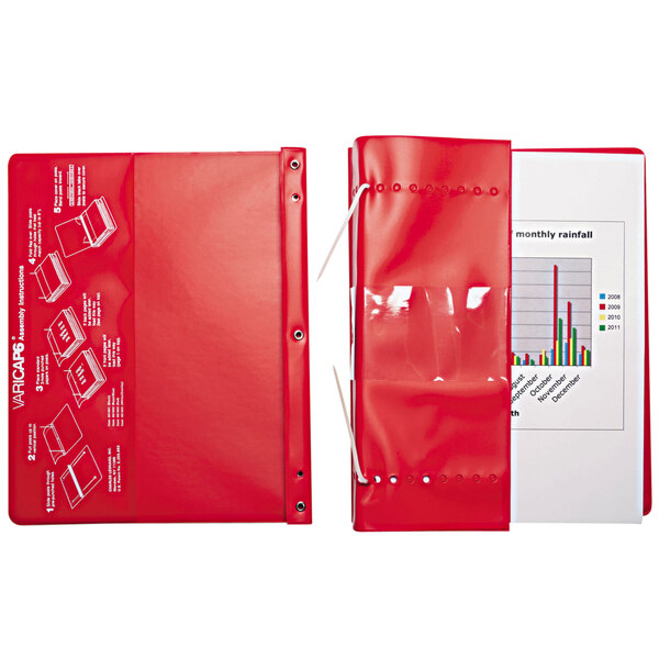 A red Charles Leonard Varicap6 binder with a white background.