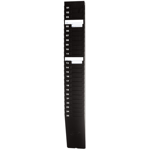 A black plastic rectangular time card rack with white numbers on it.