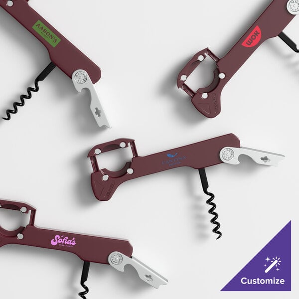 A set of customizable burgundy waiter's corkscrews with non-stick spirals and various personalized labels.