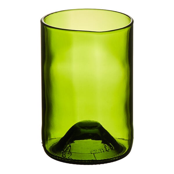 A green glass with a black rim.