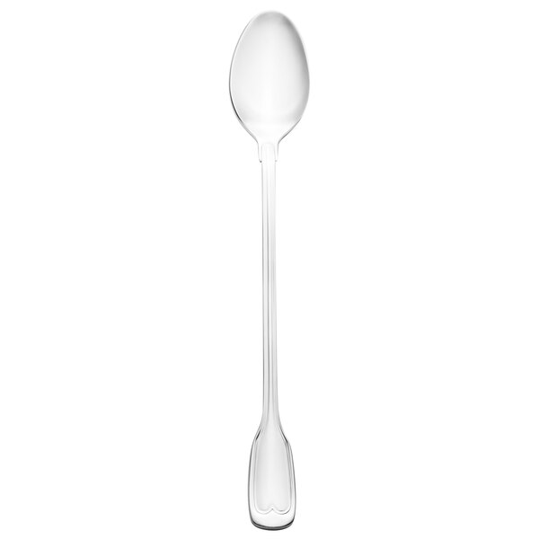 A close up of a Walco stainless steel iced tea spoon with a long stem and a white handle.