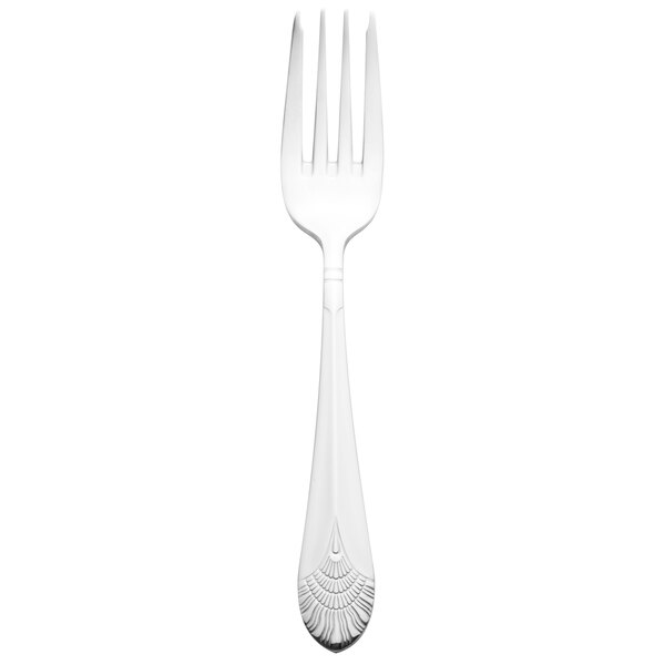 A silver Walco Art Deco salad fork with a design on the handle.