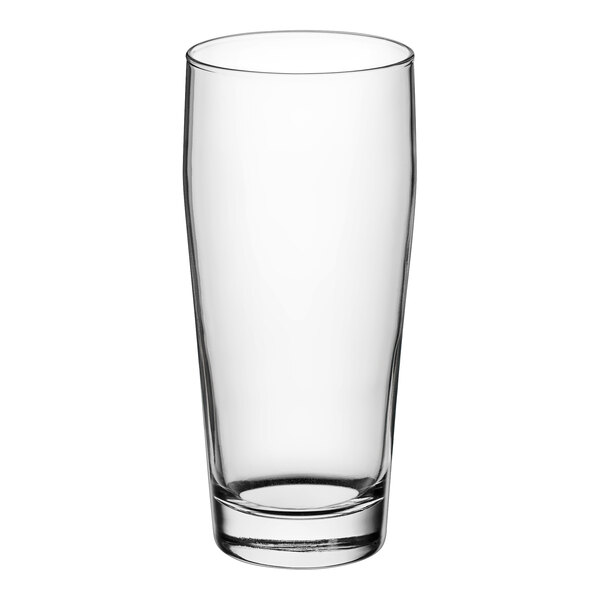 An Arcoroc Willi Becher pub glass with a clear bottom.