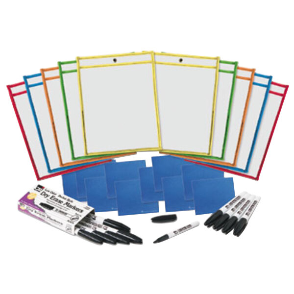 A box of Charles Leonard dry erase pockets with colorful markers and papers inside.