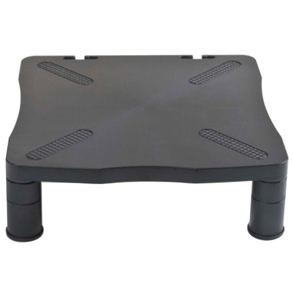 A black adjustable Kelly monitor stand on a white surface with legs.