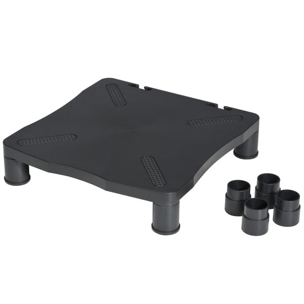 A black plastic Kelly monitor stand with two rubber feet.