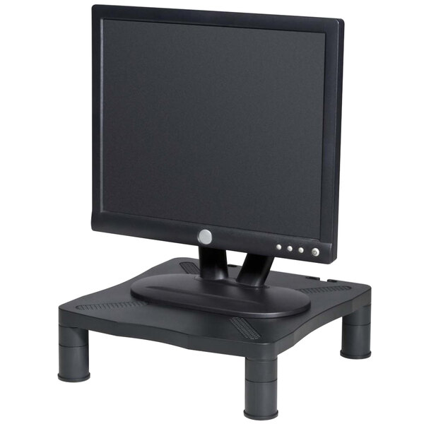 A black Kelly adjustable monitor stand with a computer monitor on it.