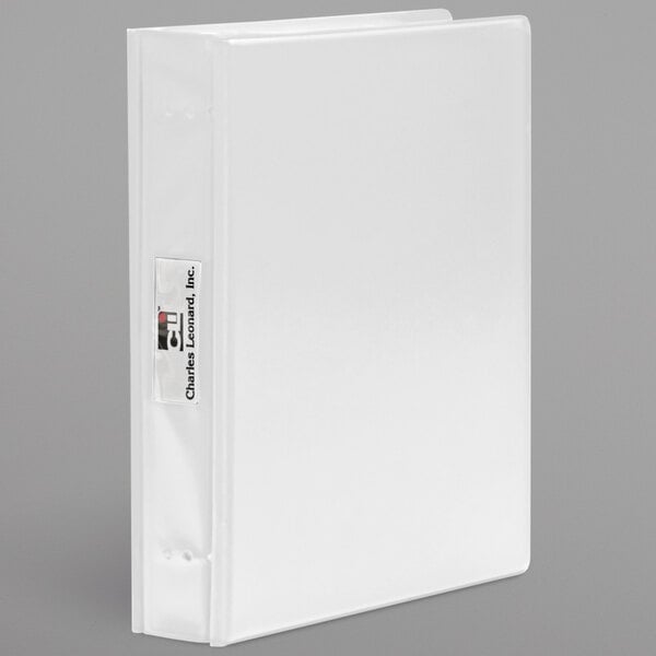 A white Charles Leonard expandable binder with a plastic cover and label holder.