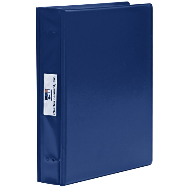 A blue Charles Leonard Varicap6 expandable binder with a white label on it.