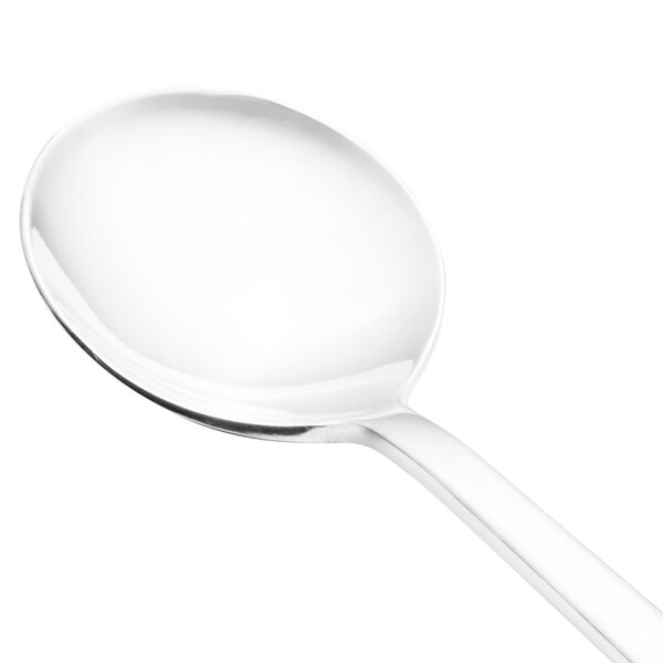 A close-up of a Walco stainless steel bouillon spoon with a white handle.