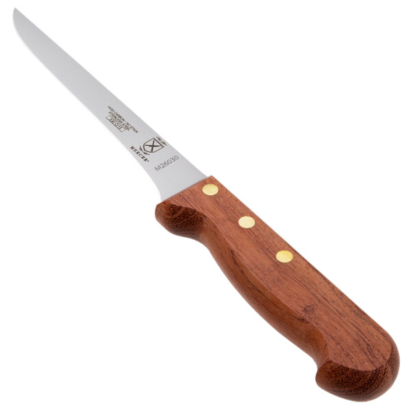 A Mercer Culinary Praxis stiff boning knife with a rosewood handle.
