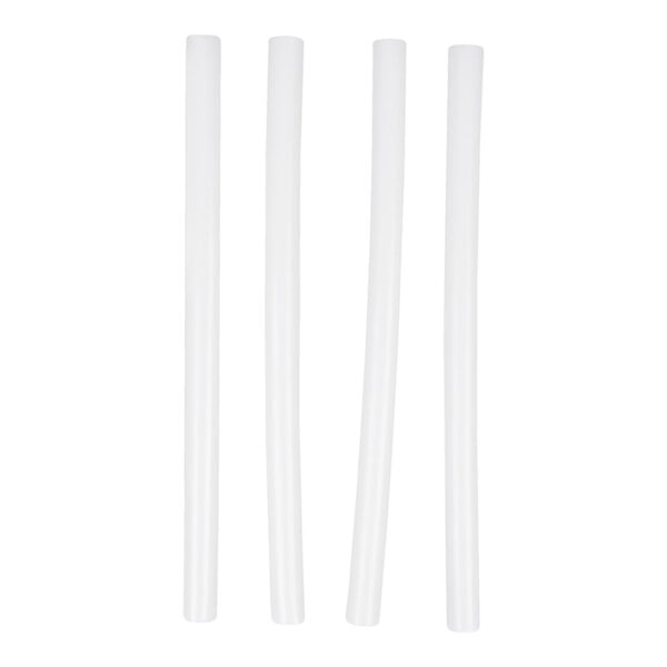 Four straight, white cylindrical rods are arranged vertically against a white background.