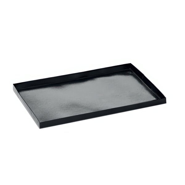 A black rectangular Teflon-coated tray with a metal handle.