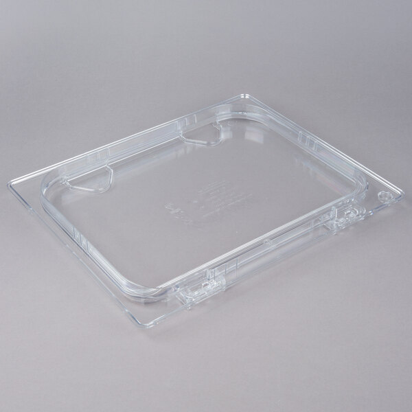 A Carlisle clear polycarbonate hinged lid with one notch on a plastic food pan.