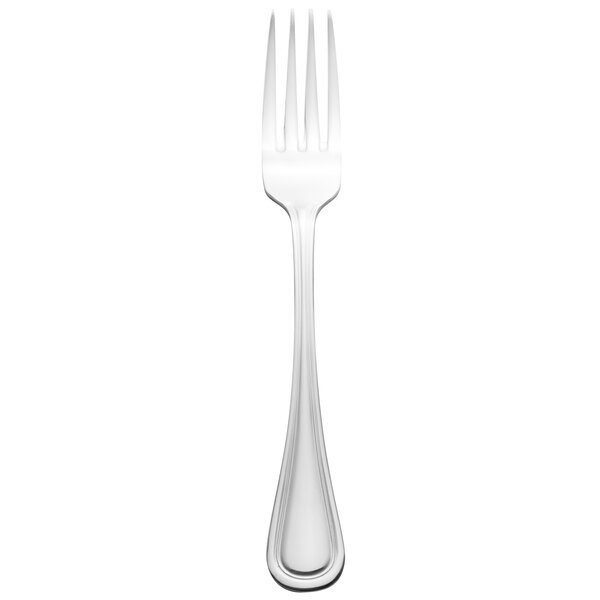 A close-up of a Walco Lisbon salad fork with a silver handle.