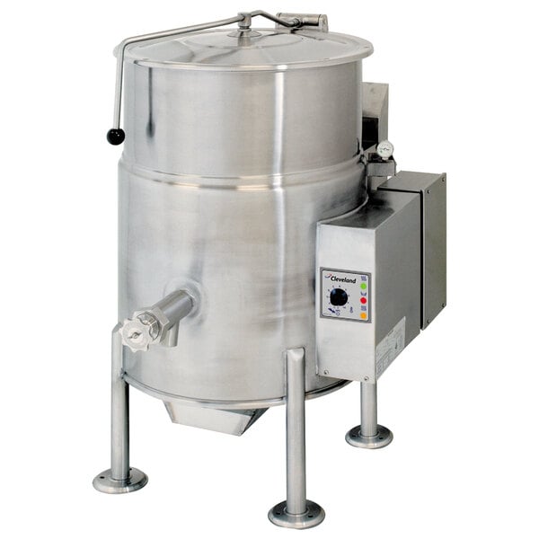 A large stainless steel Cleveland stationary steam kettle with a lid.