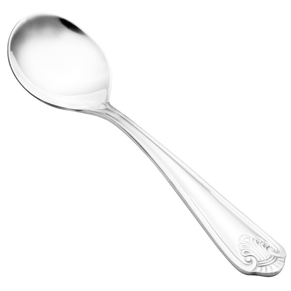 A close-up of a Walco Danish Pride stainless steel bouillon spoon with a handle.