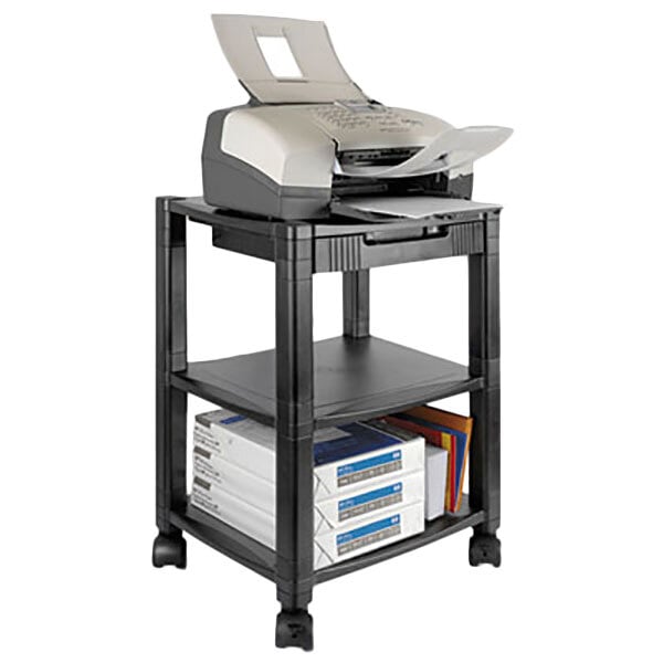 A black Kantek mobile printer stand with shelves holding white boxes.