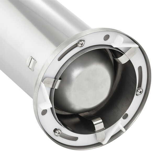 A close-up of a stainless steel Vollrath cup dispenser cylinder with a metal cover.