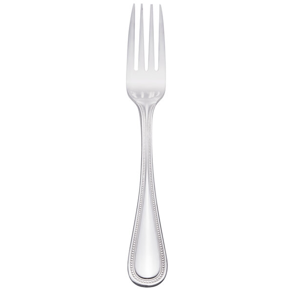 A Walco stainless steel European table fork with a beaded design on the handle.