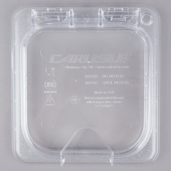 A clear plastic Carlisle 1/6 size food pan lid with one notch.