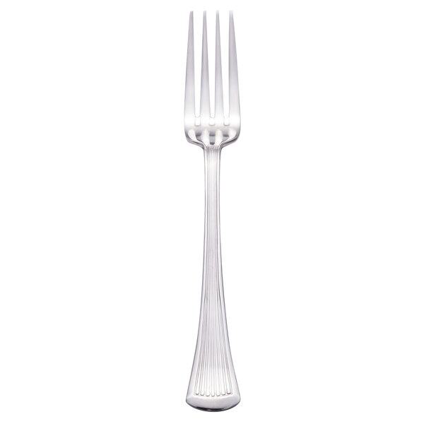 A silver Walco Bosa Nova table fork with a white background.