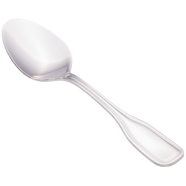 A close-up of a Walco stainless steel teaspoon with a white handle.