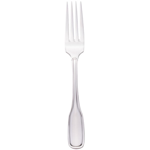A silver Walco Saville dinner fork with a white background.