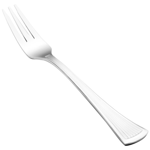 A close-up of a Walco Bosa Nova cocktail fork with a white handle.