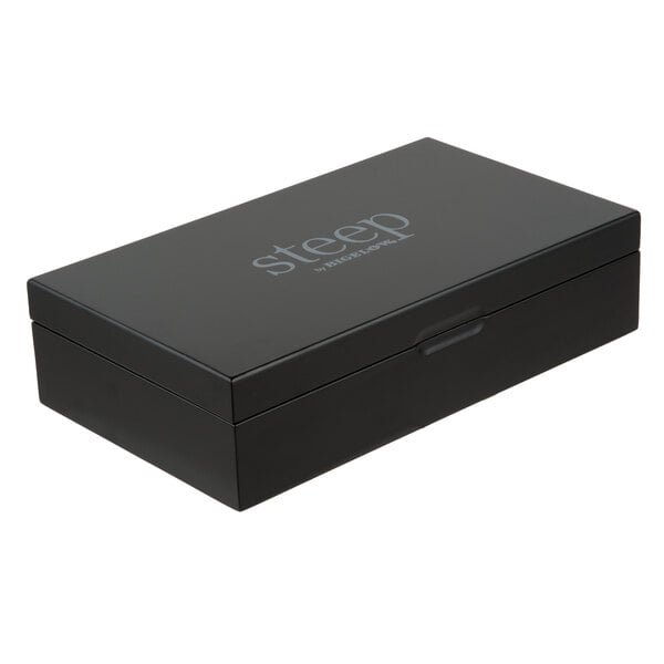 A black rectangular box with a lid with the word "Steep" in white text.