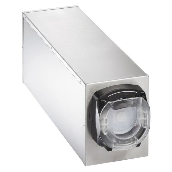 A silver stainless steel Vollrath LidSaver countertop lid dispenser with a clear round lens on top.