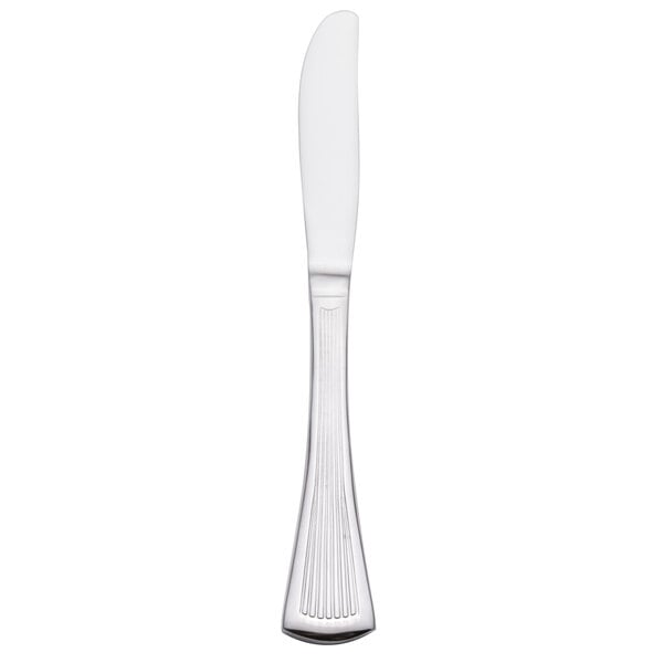 A silver butter knife with a black border on a white background.