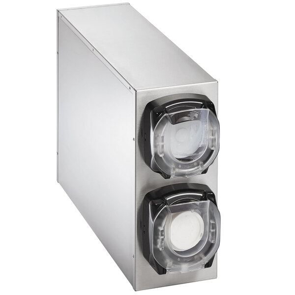 A stainless steel Vollrath LidSaver 3 countertop lid dispenser cabinet with black plastic covers.