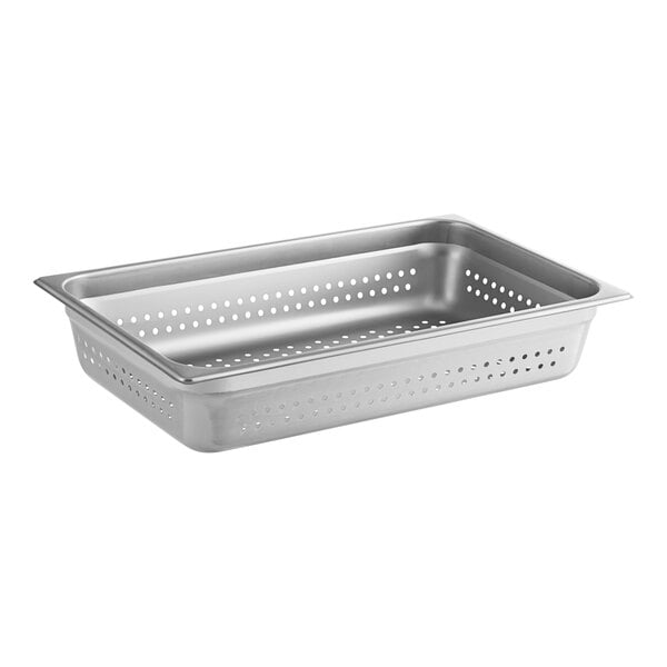 A silver metal Choice stainless steel steam table pan with holes in it.