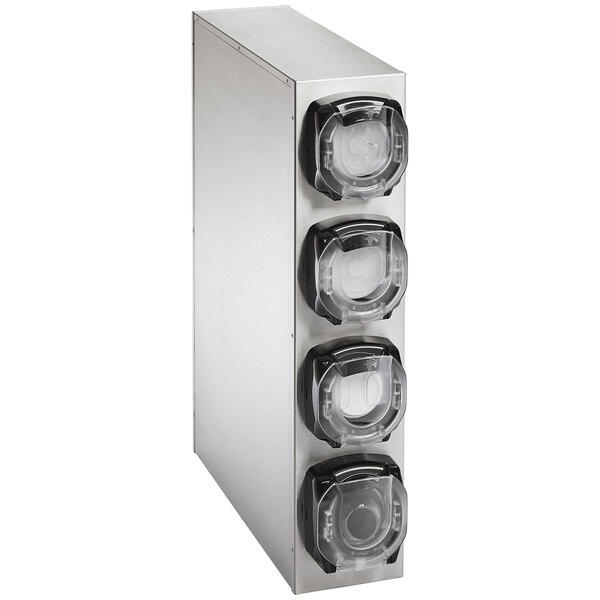 A stainless steel Vollrath LidSaver 3 countertop lid dispenser cabinet with four round plastic lid slots.