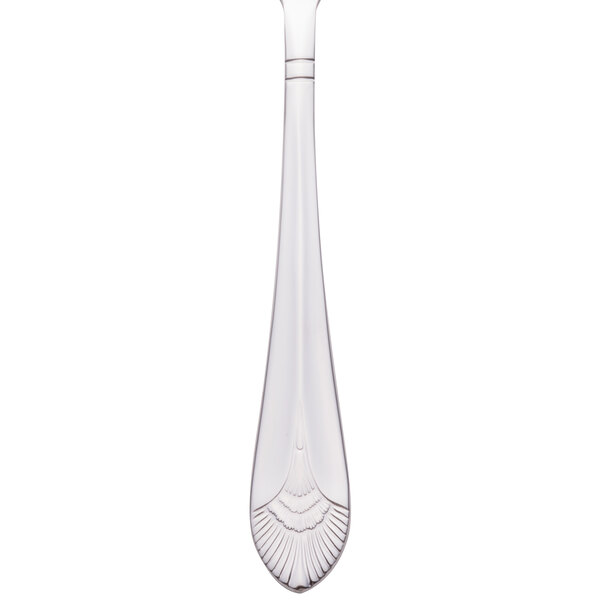 A close up of a Walco stainless steel bouillon spoon with a handle.