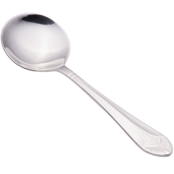 A close-up of a Walco stainless steel bouillon spoon with a handle.