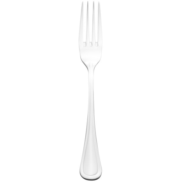 A close-up of a Walco Lisbon heavy weight European table fork with a white handle.