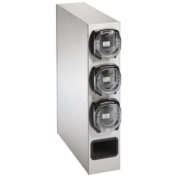 A silver stainless steel Vollrath LidSaver 3-slot countertop lid dispenser with 1 straw pocket.
