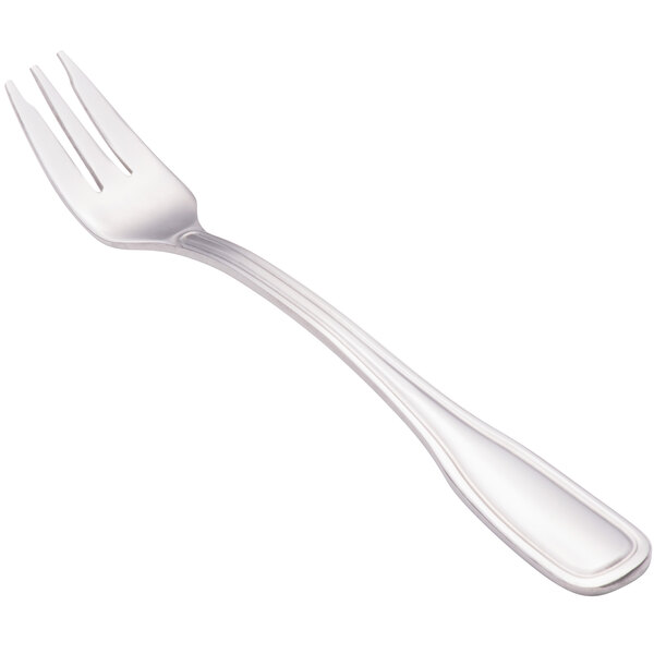 A close-up of a Walco Saville stainless steel cocktail fork with a white handle.