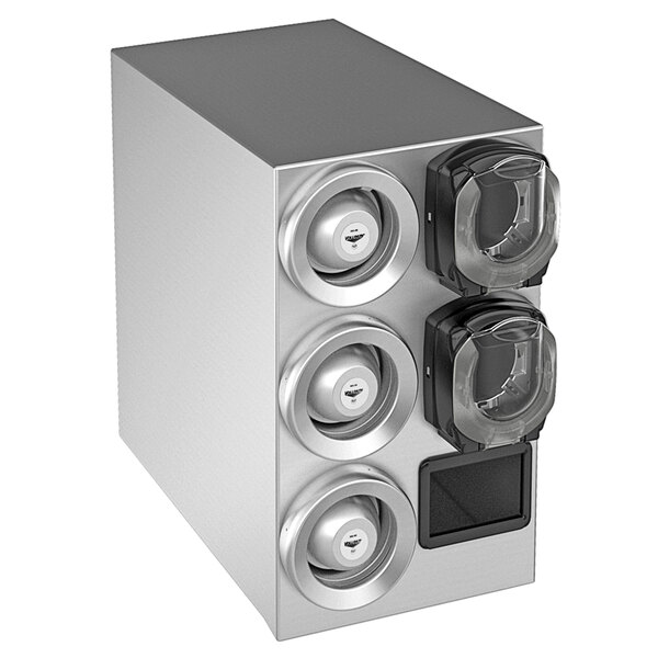 A silver Vollrath countertop cup dispenser with four round knobs.