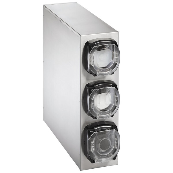 A stainless steel Vollrath LidSaver 3-slot vertical countertop lid dispenser.