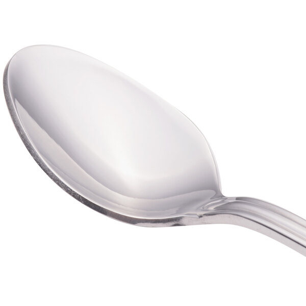 A close-up of a Walco Saville stainless steel iced tea spoon with a silver handle.