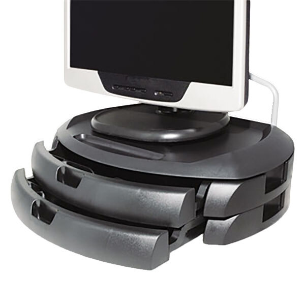 A black Kantek LCD monitor stand with 2 drawers holding a computer monitor.