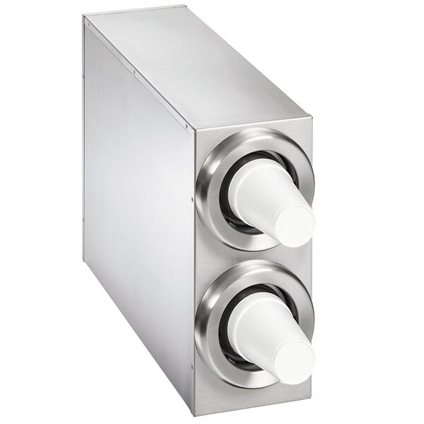A stainless steel Vollrath countertop cup dispenser with two white slots and knobs.