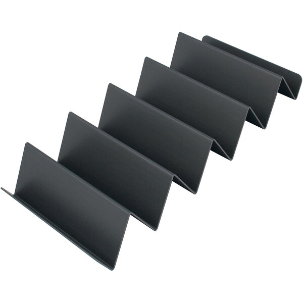 A close-up of a black metal Hatco fry bag holder rack.