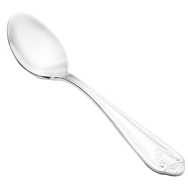 A close-up of a Walco Danish Pride stainless steel teaspoon with a silver handle and spoon.