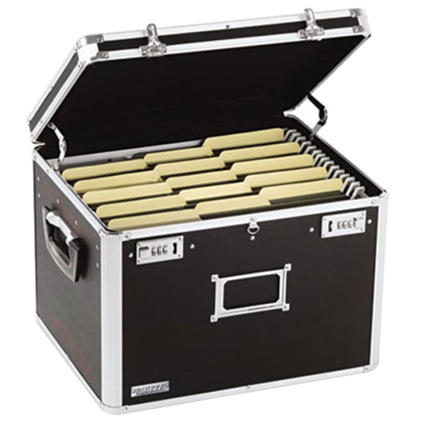 A black Vaultz file chest with files inside.