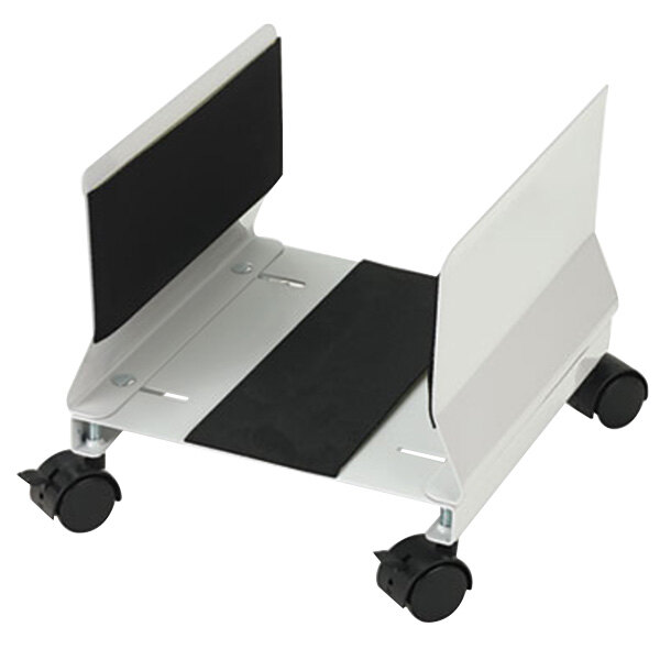 A light gray metal CPU stand with casters.